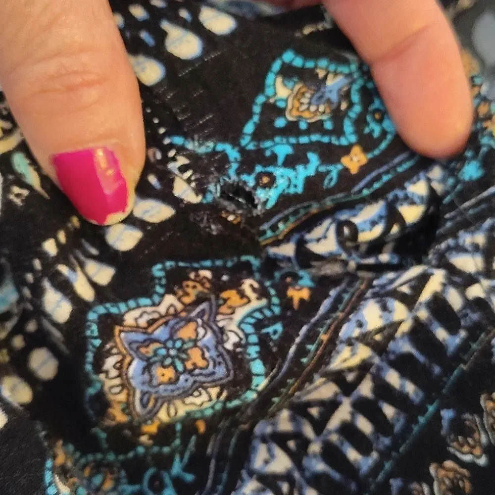 Black Teal White Elephant Floral Block Print Harem Pants XL *Fits like Med